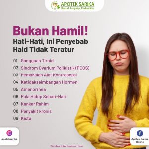 Telat datang bulan? atau menstruasi kamu tidak lancar? Bukan berarti sedang hamil lho, ada beberapa penyebab menstruasi tidak teratur selain kehamilan.  Dikutip dari laman halodoc.com ada beberapa penyebabnya yaitu adanya gangguan tiroid, sindrom PCOS, pemakaian alat kontrasepsi, ketidakseimbangan hormon, amenorrhea, pola hidup sehari-hari, kanker rahim, penyakit serius, ataupun kista.   Nah jika kamu mengalami kejanggalan atau menstruasi yang tidak teratur sebaiknya segera konsultasikan dengan dokter yaa  Salam sehat sahabat Sarika! 🤗
